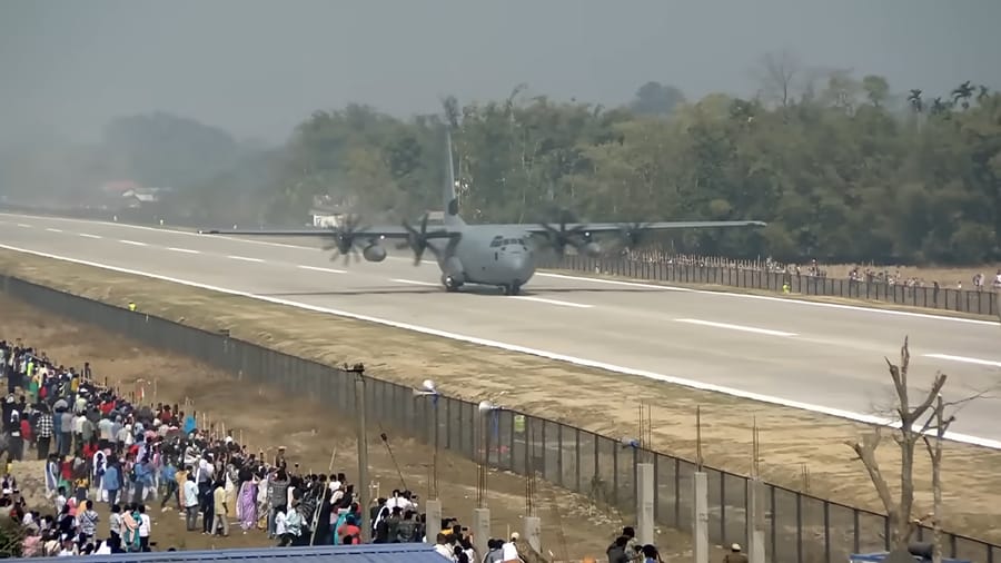 Hon’ble Prime Minister of India landing at the Emergency Landing Facility, Moran, Assam.